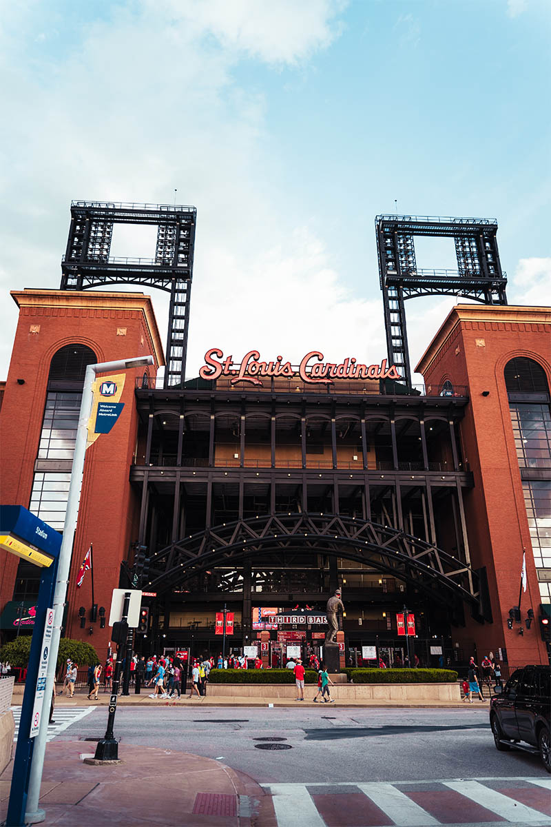 Entrance to Busch Stadium with St. Louis Cardinals sign.
