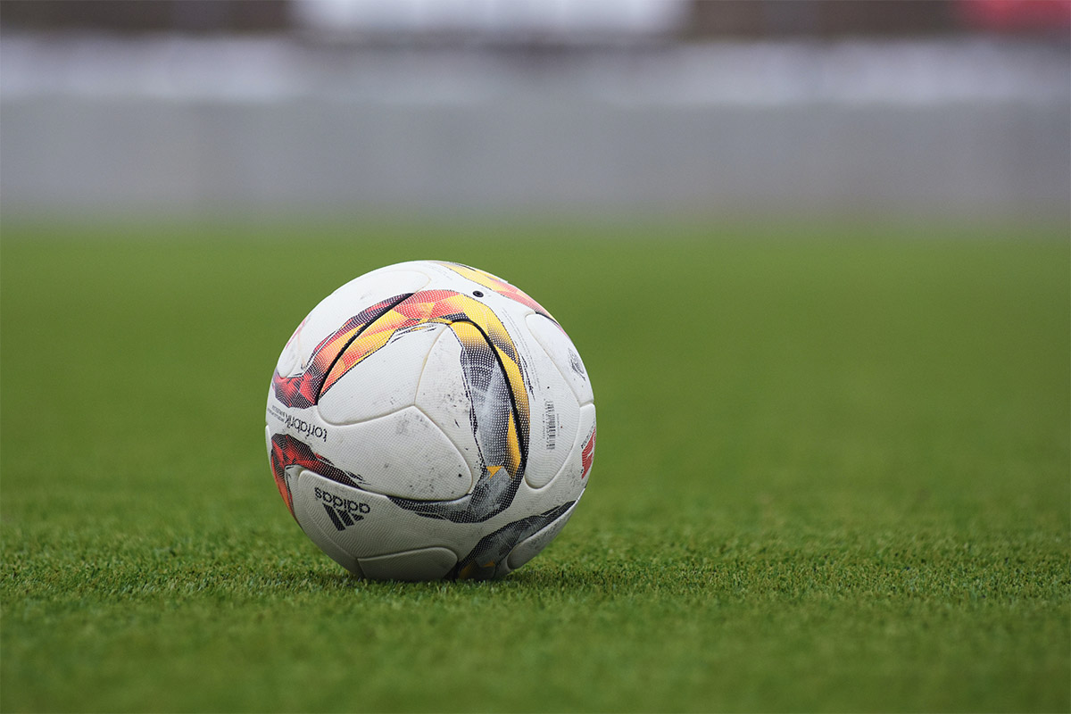 Soccer ball on grassy pitch.